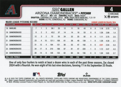 2025 Topps Chrome MLB Zac Gallen #4 Arizona Diamondbacks