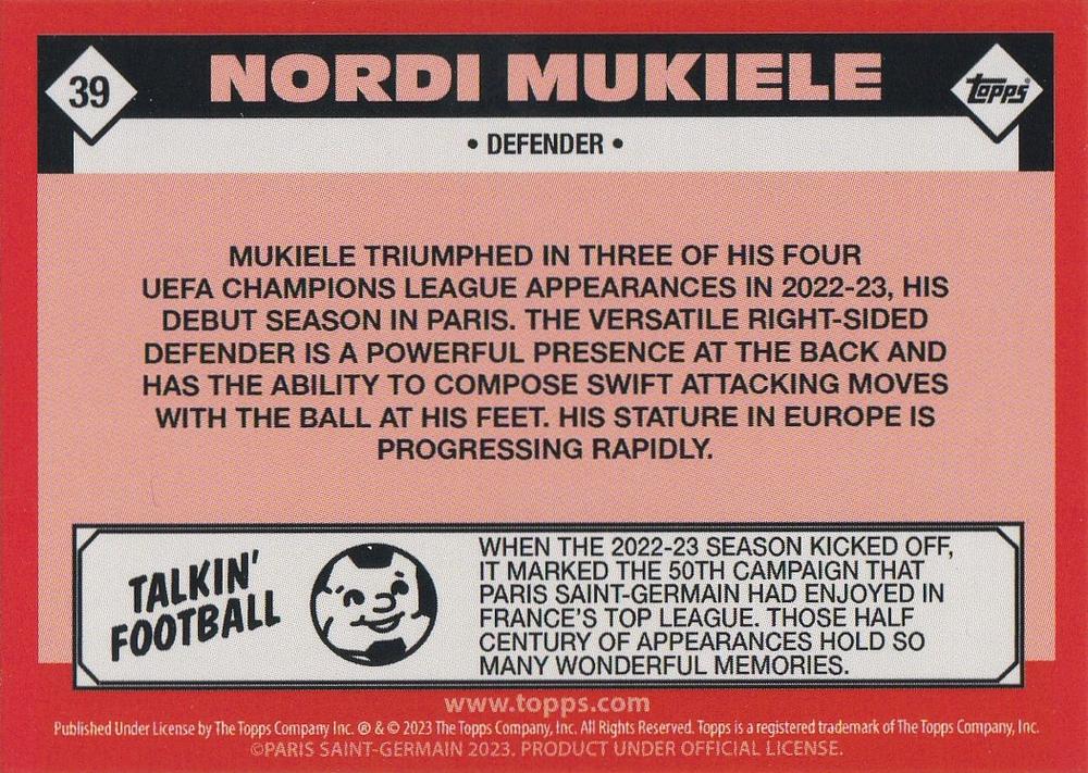 2022 Topps PSG Team Set Nordi Mukiele #39 Paris Saint-Germain