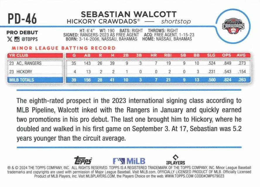 2024 Topps Pro Debut Sebastian Walcott #PD-46 Hickory Crawdads