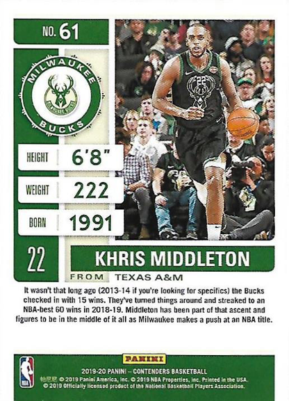 2019 Panini Contenders Khris Middleton #61 Milwaukee Bucks