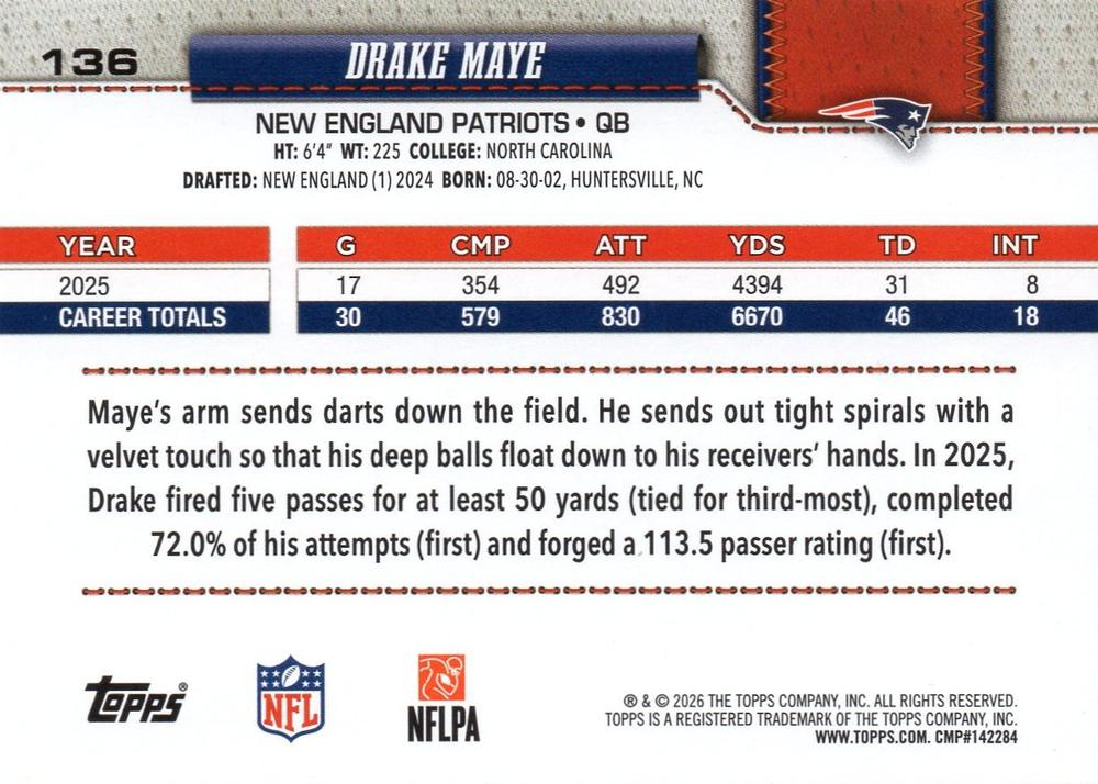2026 Topps Flagship Drake Maye #136 New England Patriots