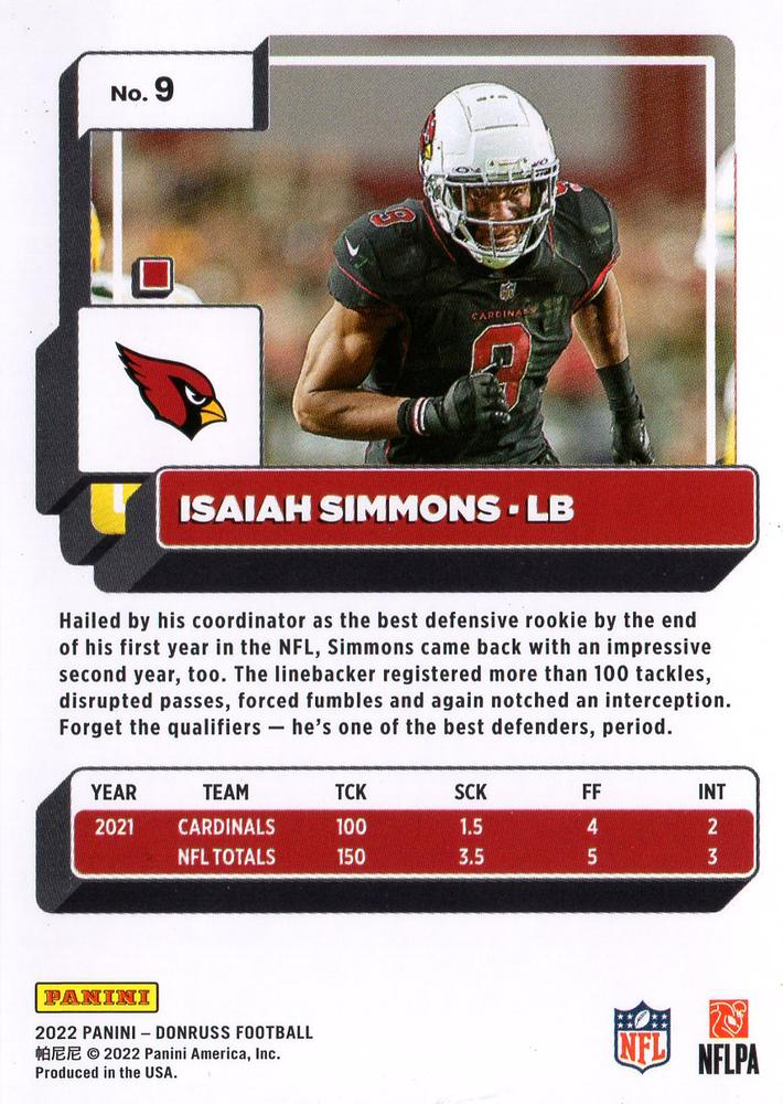 2022 Panini Donruss Isaiah Simmons #9 Arizona Cardinals