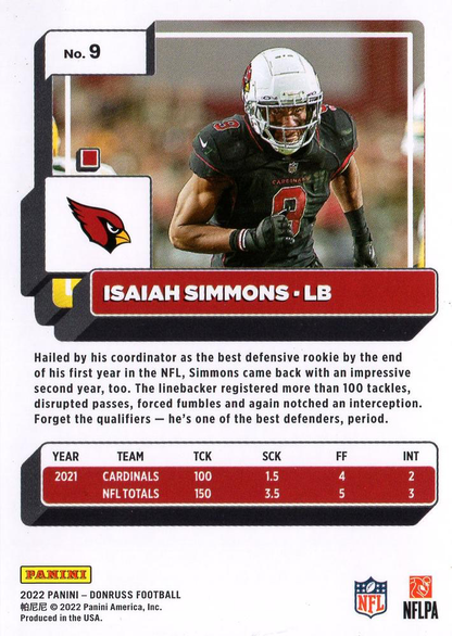 2022 Panini Donruss Isaiah Simmons #9 Arizona Cardinals