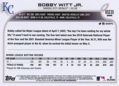 2022 Topps Chrome Update Bobby Witt Jr. RC #USC35 Kansas City Royals