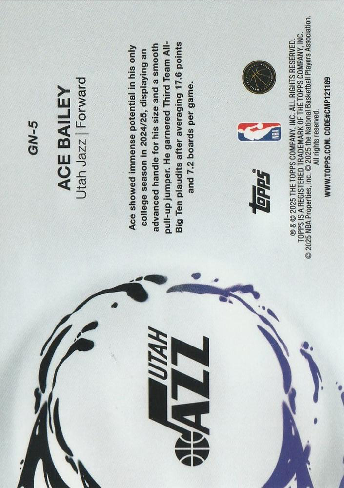 2025 Topps NBA Generation Now Ace Bailey GN-5 Utah Jazz