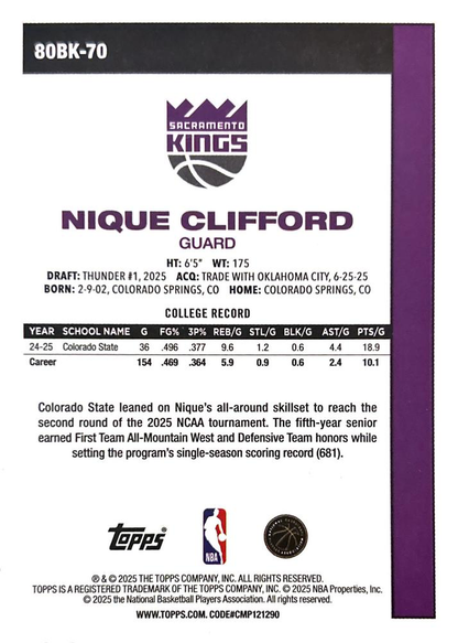 2025 Topps NBA 1980-81 Topps Basketball Nique Clifford 80BK-70 Sacramento Kings