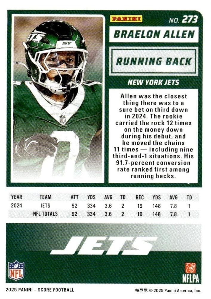 2025 Panini Score Braelon Allen #273 New York Jets