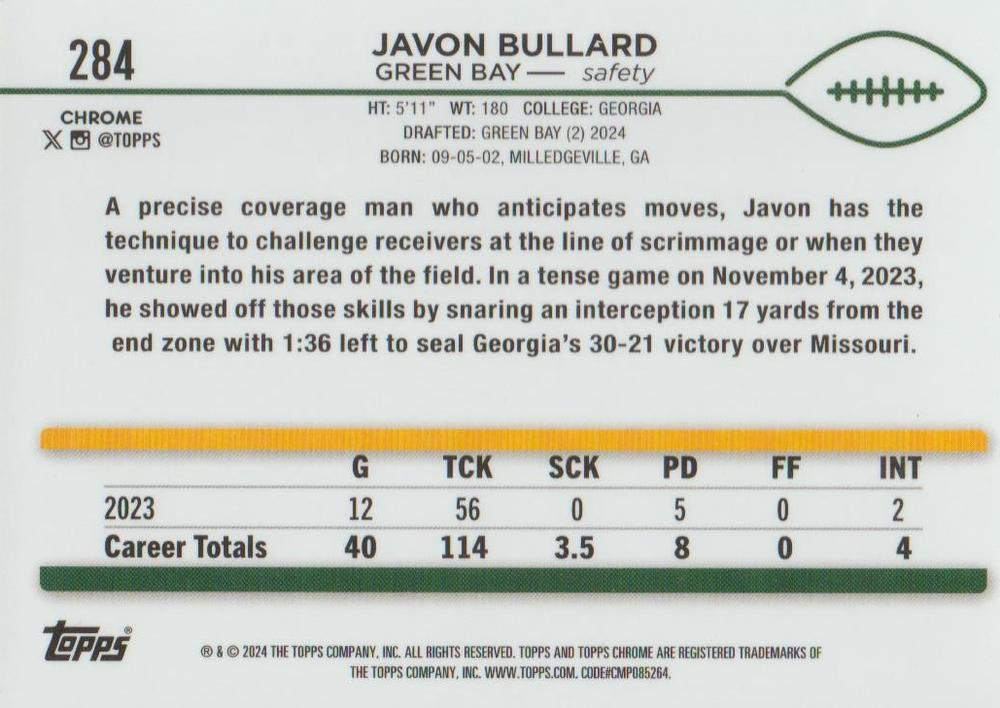 2024 Topps Chrome Football Javon Bullard RC #284 Green Bay Packers