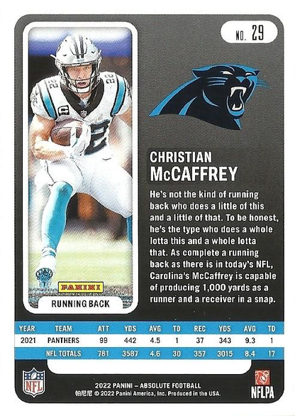 2022 Panini Absolute Christian McCaffrey #29 Carolina Panthers