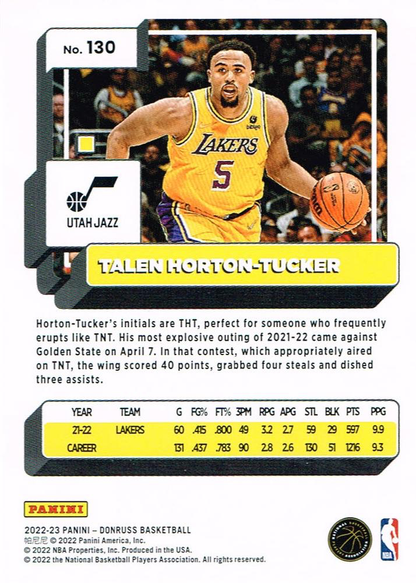 2022 Panini Donruss Talen Horton-Tucker #130 Utah Jazz