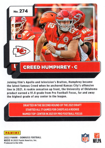 2022 Panini Donruss Creed Humphrey #274 Kansas City Chiefs