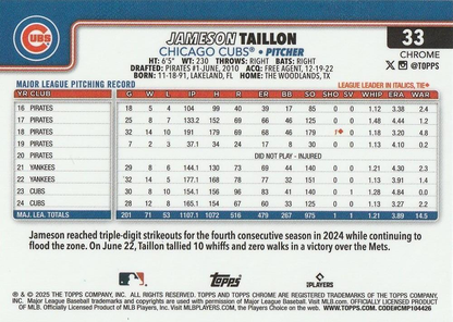 2025 Topps Chrome MLB Jameson Taillon #33 Chicago Cubs