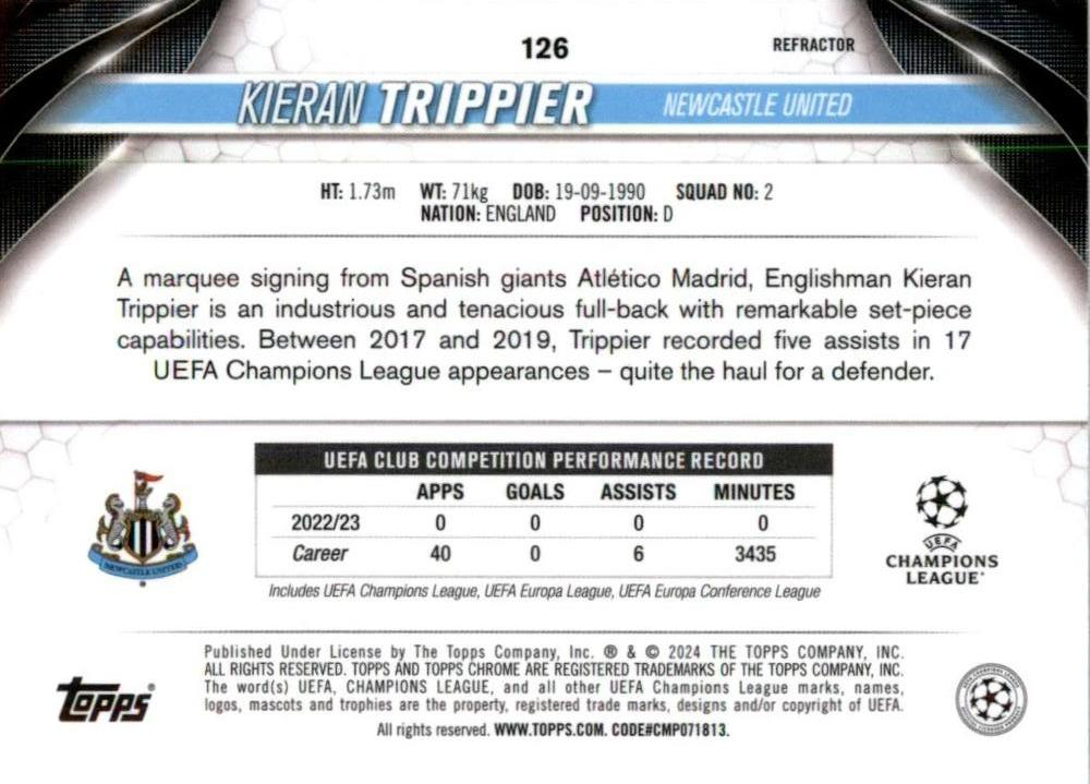 2023 Topps Chrome UEFA Club Competitions Kieran Trippier Refractor #126 Newcastle United