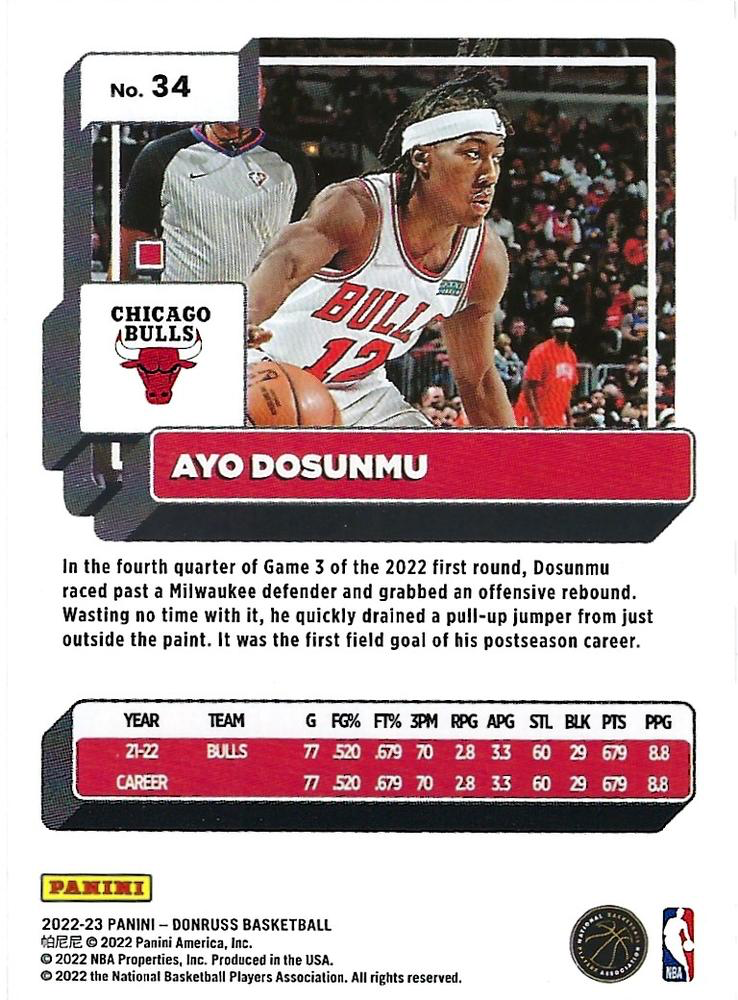 2022 Panini Donruss Ayo Dosunmu #34 Chicago Bulls