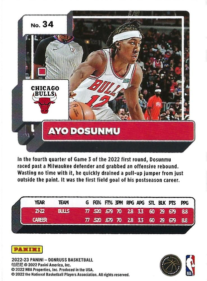 2022 Panini Donruss Ayo Dosunmu #34 Chicago Bulls