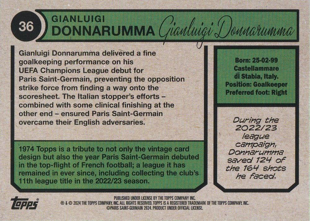 2023 Topps PSG Team Set 1974 Topps Gianluigi Donnarumma #36 Paris Saint-Germain