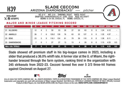 2024 Topps Holiday Slade Cecconi RC Arizona Diamondbacks #H39