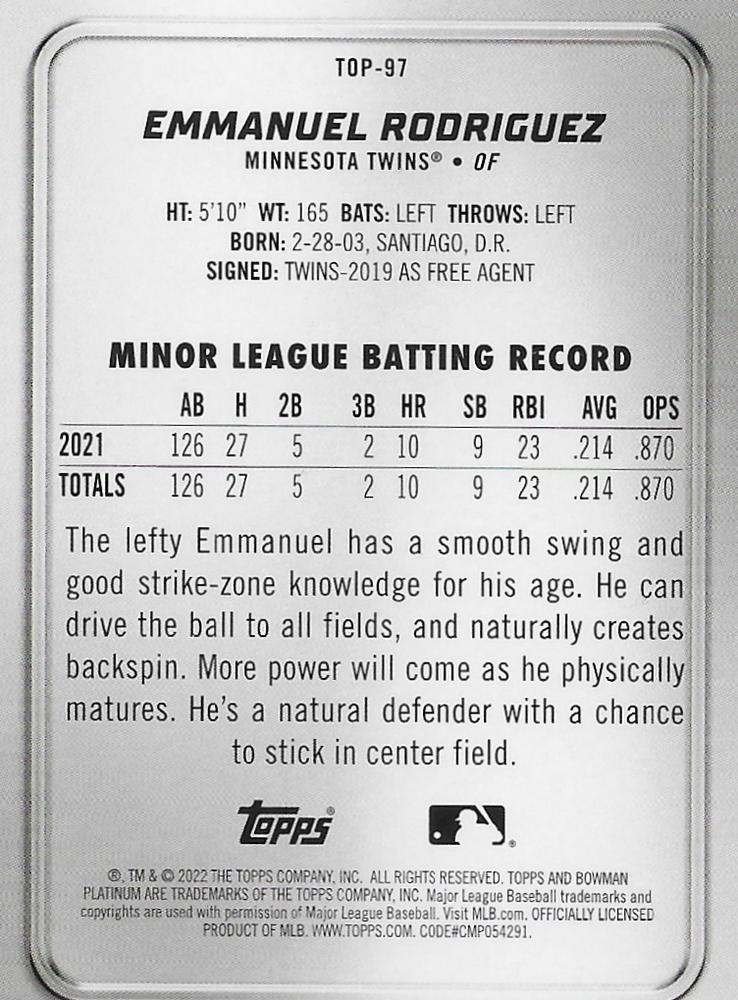 2022 Topps Bowman Platinum Top Prospects Emmanuel Rodriguez Minnesota Twins #TOP-97