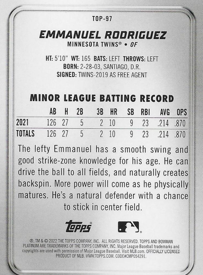 2022 Topps Bowman Platinum Top Prospects Emmanuel Rodriguez Minnesota Twins #TOP-97