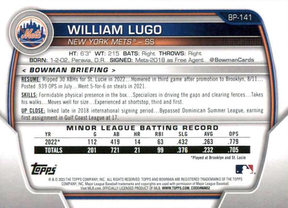 2023 Topps Bowman Paper Prospects William Lugo 1st New York Mets #BP-141