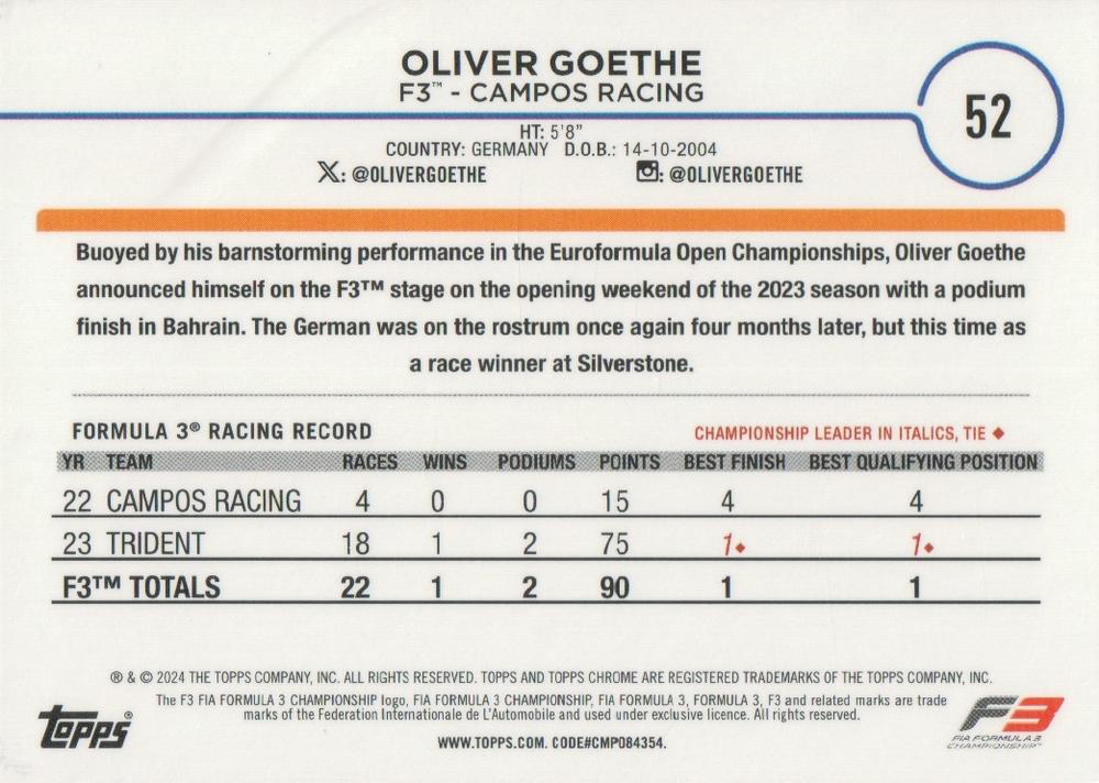 2024 Topps Chrome Formula 1 Oliver Goethe F3D #52 Campos Racing
