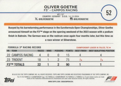 2024 Topps Chrome Formula 1 Oliver Goethe F3D #52 Campos Racing