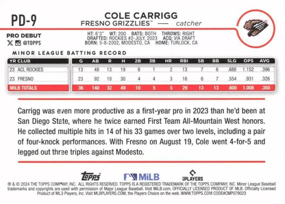 2024 Topps Pro Debut Cole Carrigg #PD-9 Fresno Grizzlies