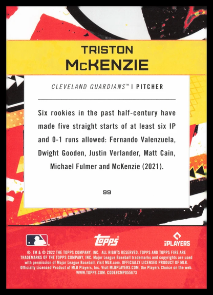 2022 Topps Fire Gold Minted Triston McKenzie Cleveland Guardians #99