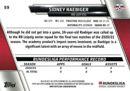 2021 Topps Chrome Bundesliga Sidney Raebiger RC #59 RB Leipzig