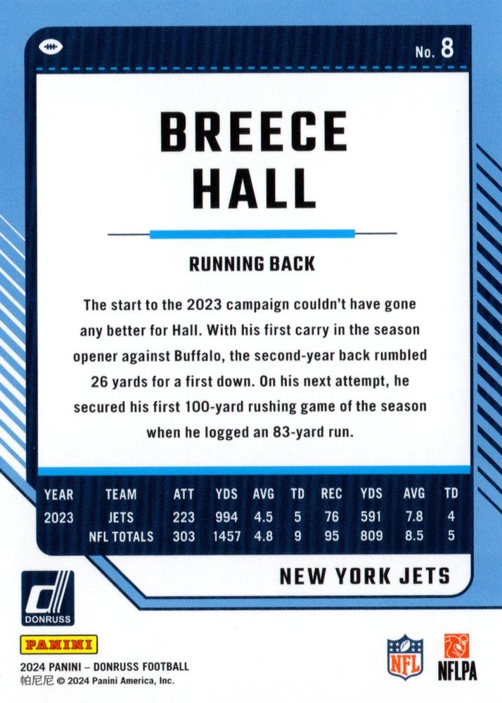 2024 Panini Donruss Breece Hall New York Jets #8