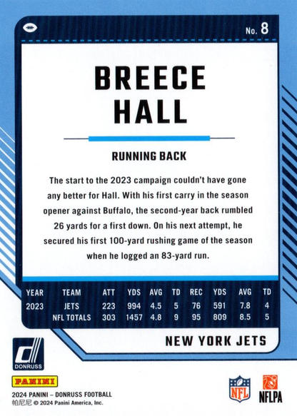 2024 Panini Donruss Breece Hall New York Jets #8