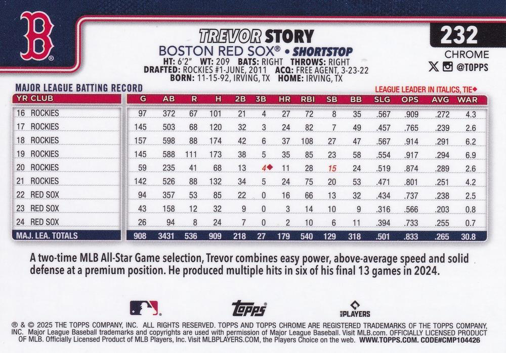 2025 Topps Chrome MLB Trevor Story #232 Boston Red Sox