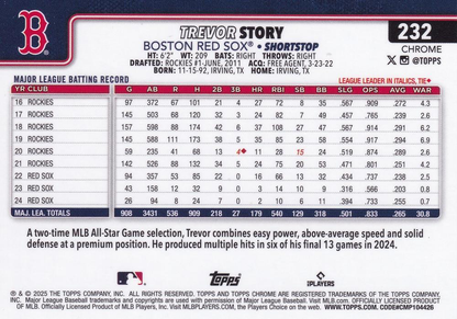 2025 Topps Chrome MLB Trevor Story #232 Boston Red Sox