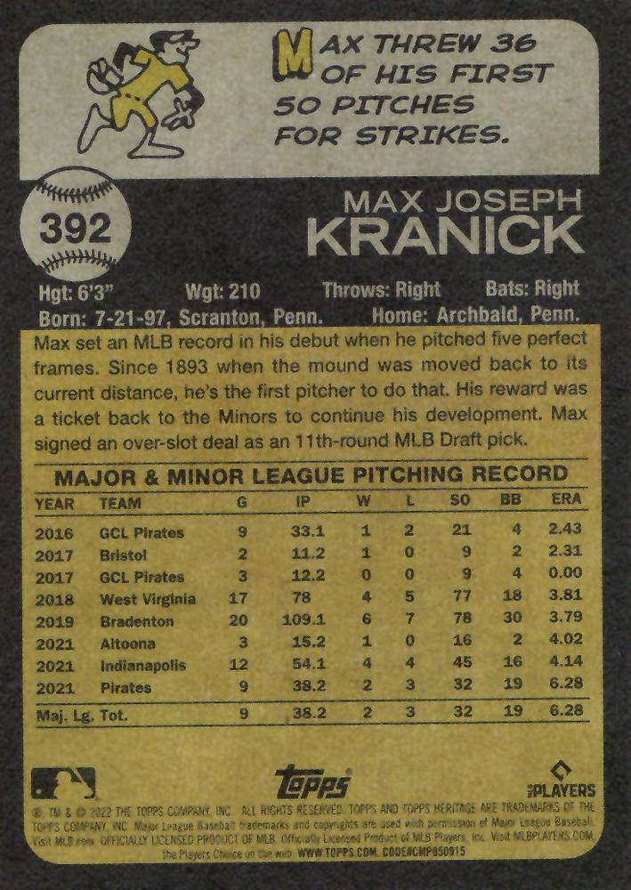 2022 Topps Heritage Max Kranick RC Pittsburgh Pirates #392