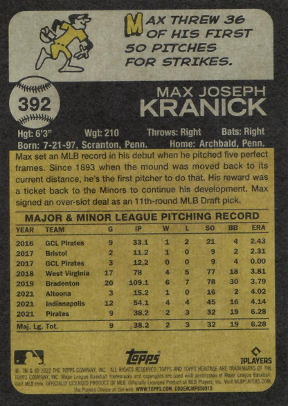2022 Topps Heritage Max Kranick RC Pittsburgh Pirates #392