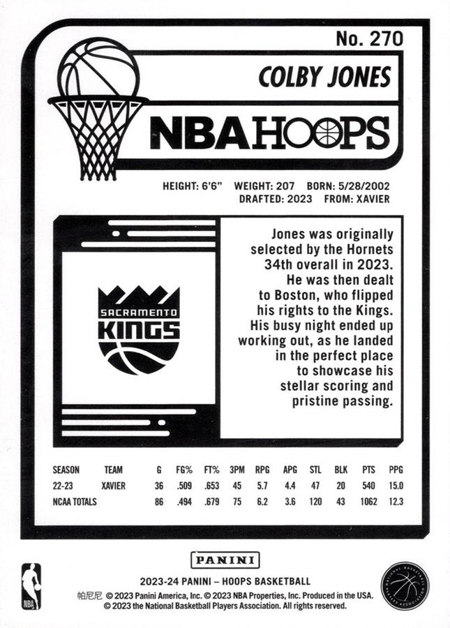 2023 Panini Hoops Colby Jones RC #270 Sacramento Kings