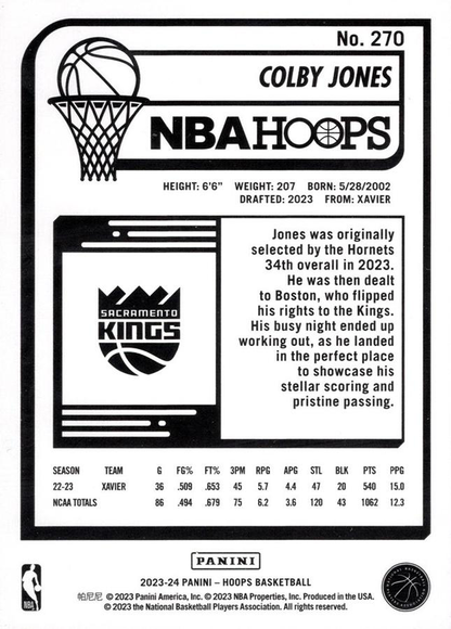 2023 Panini Hoops Colby Jones RC #270 Sacramento Kings