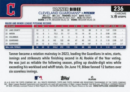 2025 Topps Chrome MLB Tanner Bibee #236 Cleveland Guardians