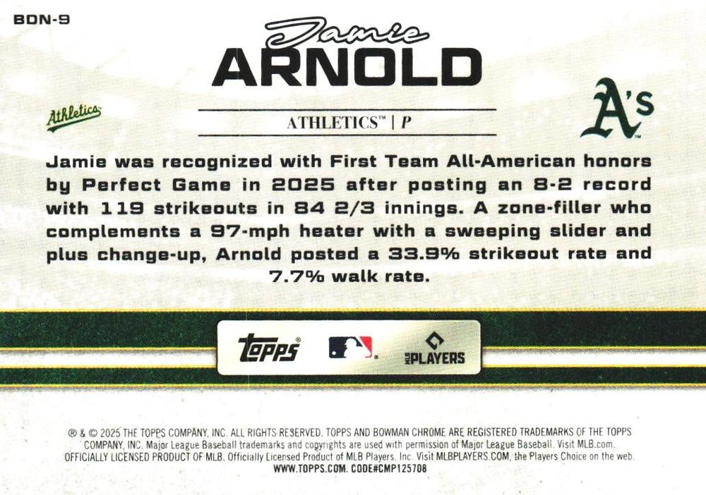 2025 Topps Bowman Draft Draft Night Jamie Arnold #BDN-9 Athletics