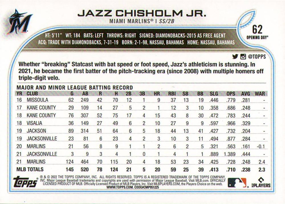 2022 Topps Opening Day Jazz Chisholm Jr. FS #62 Miami Marlins