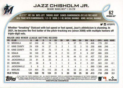2022 Topps Opening Day Jazz Chisholm Jr. FS #62 Miami Marlins