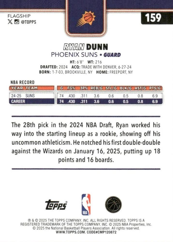 2025 Topps NBA Ryan Dunn #159 Phoenix Suns