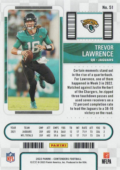 2022 Panini Contenders Trevor Lawrence Jacksonville Jaguars #51