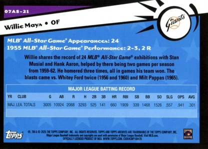 2025 Topps Archives 2007 Topps All-Stars Willie Mays #07AS-21 San Francisco Giants