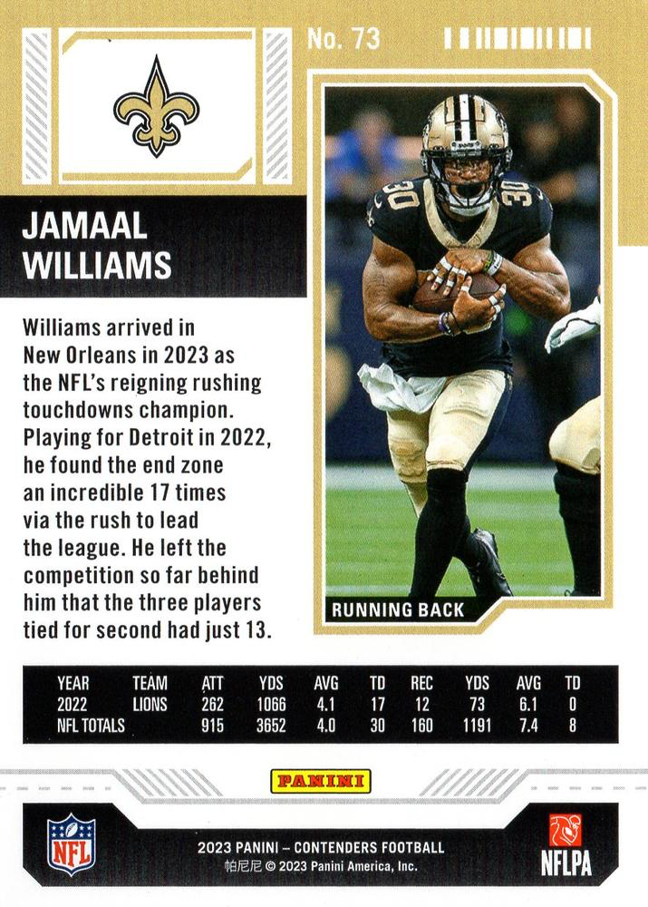 2023 Panini Contenders Jamaal Williams New Orleans Saints #73