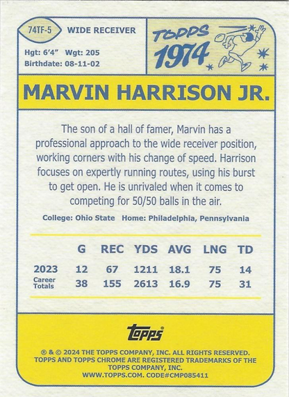 2024 Topps Chrome 1974 Topps Football Marvin Harrison Jr. #74TF-5 Arizona Cardinals