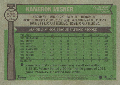 2025 Topps Heritage Kameron Misner RC #579 Tampa Bay Rays