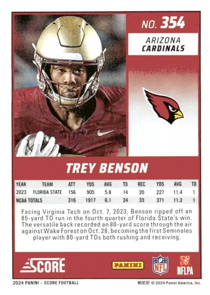 2024 Panini Score Football Trey Benson Arizona Cardinals #354 RC