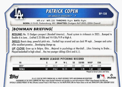 2026 Topps Bowman Prospects Patrick Copen 1st #BP-138 Los Angeles Dodgers