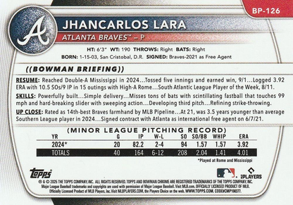 2025 Topps Bowman Paper Prospects Jhancarlos Lara 1st Atlanta Braves #BP-126